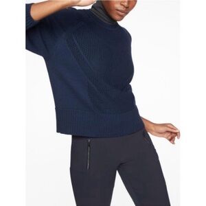 Athleta Cortina Knit Navy Blue Crew Neck Sweater Yoga Wool Cable Knit Active